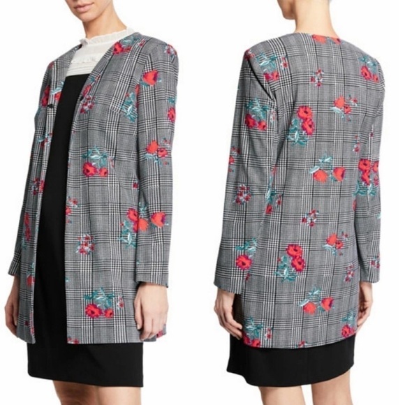 🆕 Karl Lagerfeld plaid and floral topper jacket size large black white r… - Picture 1 of 9
